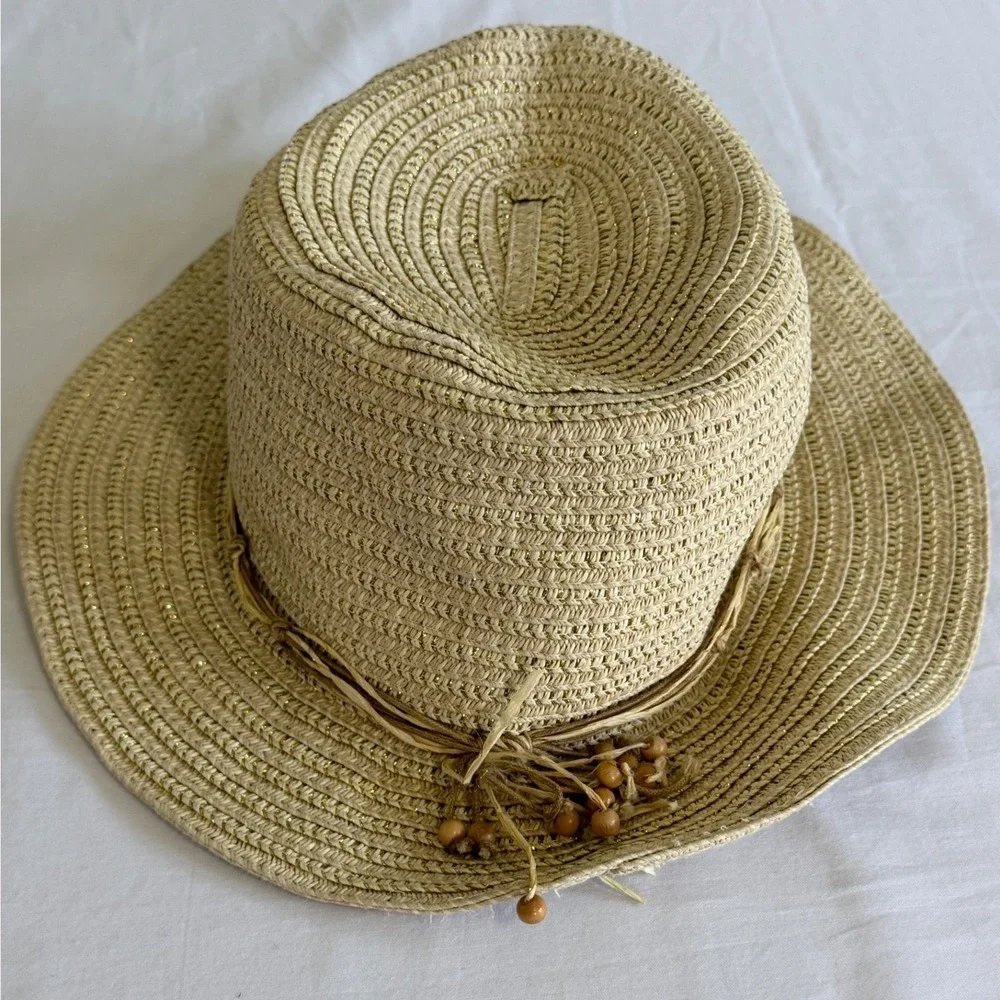 Vintage Tommy Bahama Womens Floppy Straw Sun Hat Gold Metallic Beads Tan Rare‎